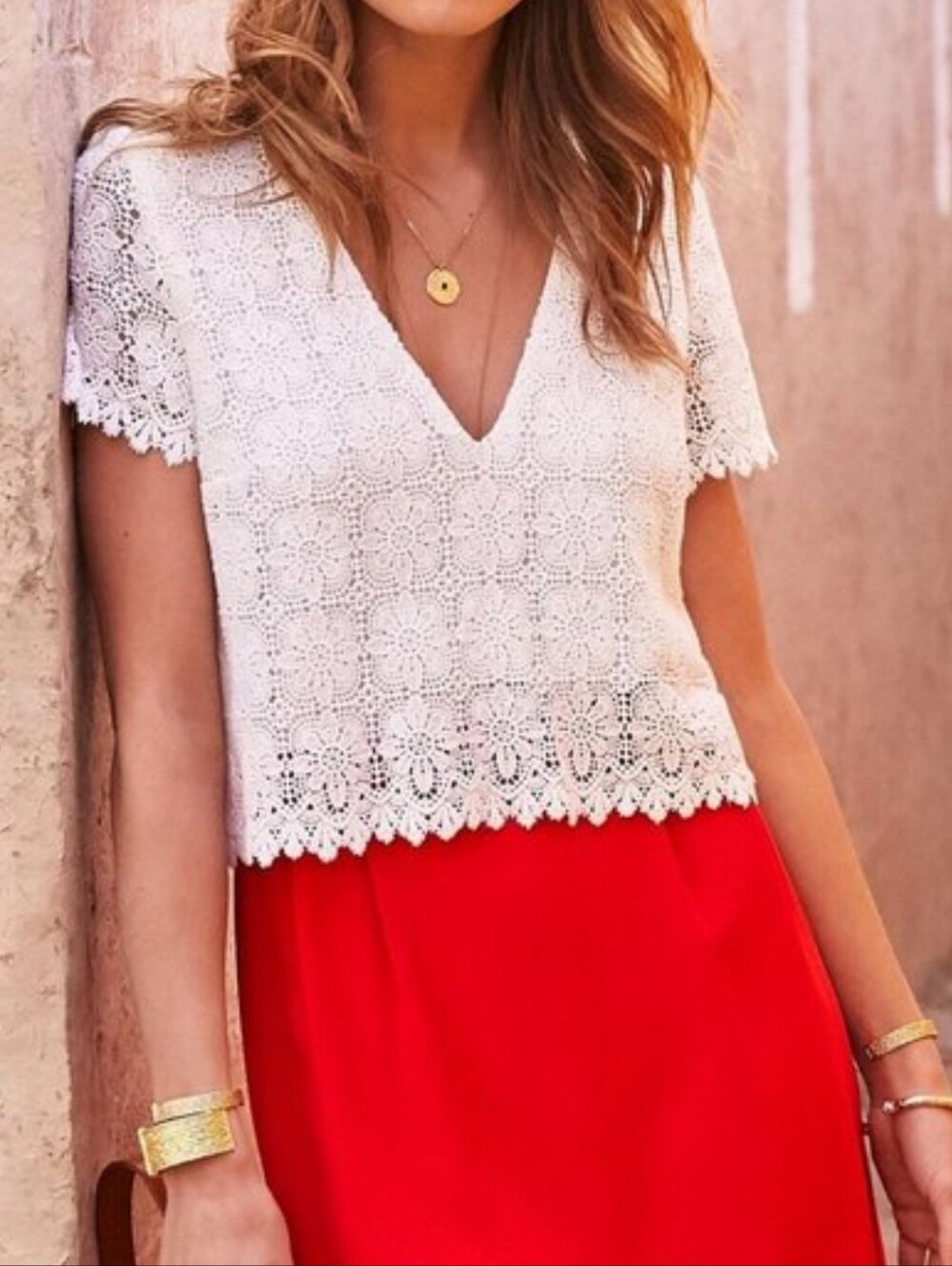 NWT Sezane white lace and red colorblock dress, size 42 - Picture 3 of 15